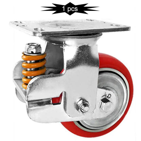 Heavy Duty Spring Loaded Caster Wheels With Swivel Brake System And Tough Polyurethane Tires for garage use, showing spring shock mount and red wheel.