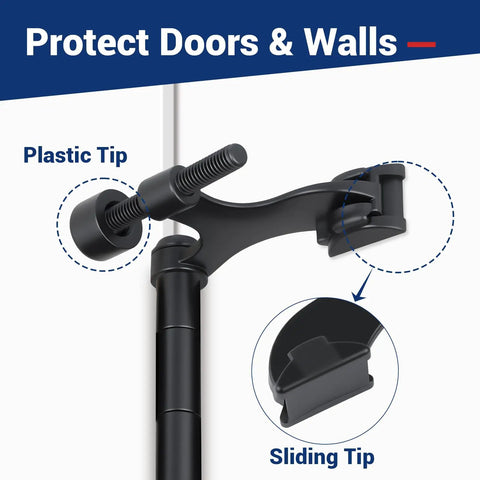 Built Tough Zinc Hinge Pin Door Stops Adjustable Matte Black Finish With Plush Bumper Caps To Save Drywall And Hardwood Floors Effortless Drop In Installation Eight Pack No Drama Setup showing plastic tip and sliding tip mechanism.