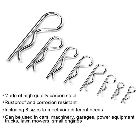 Workhorse 125 Piece Carbon Steel Hair Pin Set showing 8 rust-resistant sizes for lawn mowers and machinery maintenance.