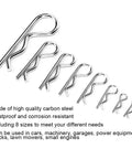 Assorted sizes of carbon steel pins from 125 Piece Anti Rust Carbon Steel Hair Pin Hitch R Cotter Kit for Car Machinery Heavy Duty Fasteners.