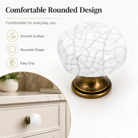 Close-up of Six Pack Vintage Cabinet Knobs with White Crackled Ceramic and Antique Brass Base for Farmhouse Kitchen.