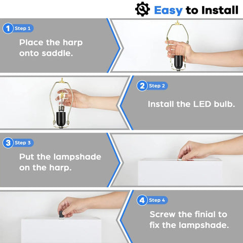 Installation steps for Pair Of Dope Modern Touch Control Bedside Lamps With USB Ports, showing harp, LED bulb, lampshade, and finial.