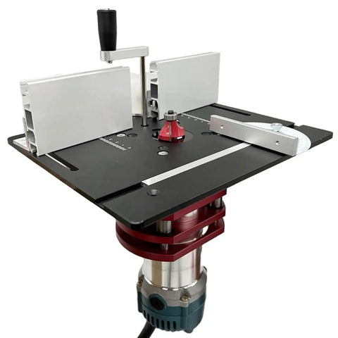 Top Shelf Aluminum Router Table Insert Plate With Butter Smooth Flip Chip Action For Weekend Warrior Projects And Pro Level Woodworking Benches Knockout Black Finish Zero Hassle Mounting with accessories and router.
