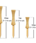 Step Down Golf Tees 2 1/8 Inch, 2 3/4 Inch, and 3 1/4 Inch, 100 Pack Wooden Bamboo Castle Tees shown in three sizes