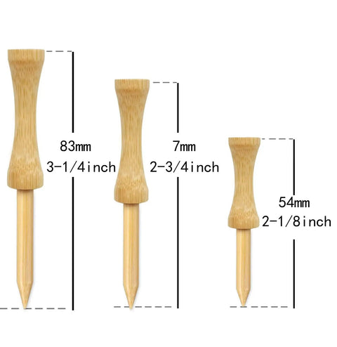 Step Down Golf Tees 2 1/8 Inch, 2 3/4 Inch, and 3 1/4 Inch, 100 Pack Wooden Bamboo Castle Tees shown in three sizes