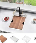 Drop In 15 Inch Bar Sink Stainless Steel Top Mount Workstation Sink 16 Gauge Single Bowl Kitchen RV Small Kitchen Sink Ready To Install With Three And A Half Inch Drain Opening, showing cutting board and accessories.