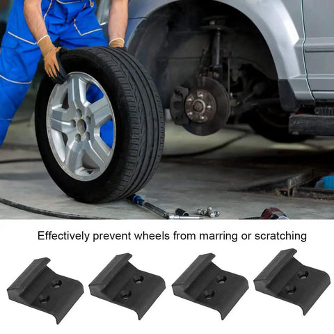 4 Pack Tire Changer Jaw Protector Covers ABS Clamp Guards displayed in front of a vehicle wheel and mechanic.