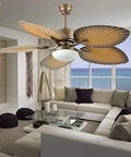 52 Inch Palm Tropical Ceiling Fan With LED Bowl Light Remote Control 5 ABS Blades Ultra Quiet Chandelier For Home Antique Brass Finish