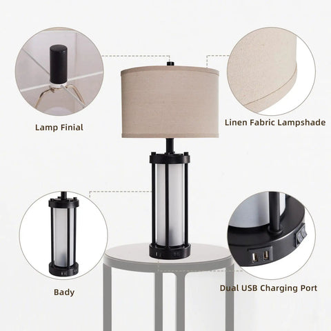 Set Of 2 Modern Table Lamps With USB Ports And Nightlight, Black Finish And White Frosted Glass, close-up features and parts
