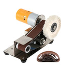 Mini Electric Belt Sander With Grinder Set Perfect For DIY Polishing And Sharpener Tasks, compact design, stainless steel construction.