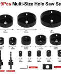 Pro Grade 19-Piece Hole Saw Set With Sizes From 3/4 Inch To 6 Inch Carbon Steel Blades Includes 2 Triangular Shank Bits 2 Mandrels Installation Plate And Hex Key Ideal For Soft Wood Plywood Drywall PVC displayed with components.