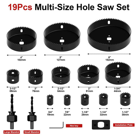 Pro Grade 19-Piece Hole Saw Set With Sizes From 3/4 Inch To 6 Inch Carbon Steel Blades Includes 2 Triangular Shank Bits 2 Mandrels Installation Plate And Hex Key Ideal For Soft Wood Plywood Drywall PVC displayed with components.