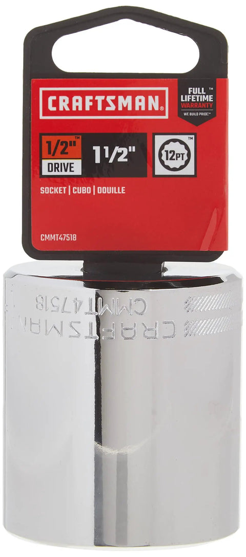 Shallow Socket SAE 1/2-Inch Drive 1-1/2-Inch 12-Point Chrome Finish, corrosion-resistant, large markings visible in packaging