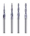 SpeTool four-pack carbide end mills with tapered cone ball nose tips, front view, 1/8 in shank