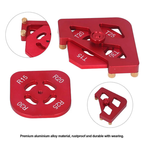 Heavy Duty Aluminum Router Template Kit Featuring Round Corner Radius Guide and Precision Woodworking Jig, red aluminum pieces.