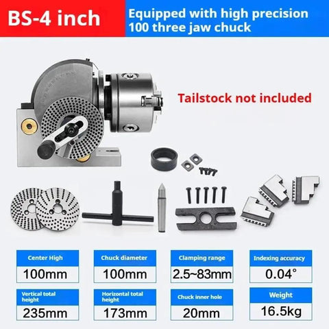 Heavy Duty Universal Indexing Head Serving Sweet Precision Dividing For Your Milling Rig With Rock Solid 160Mm Three Jaw Chuck Cnc Rotary Axis And Knockout Tailstock Setup equipped with 100mm three-jaw chuck and multiple accessories.