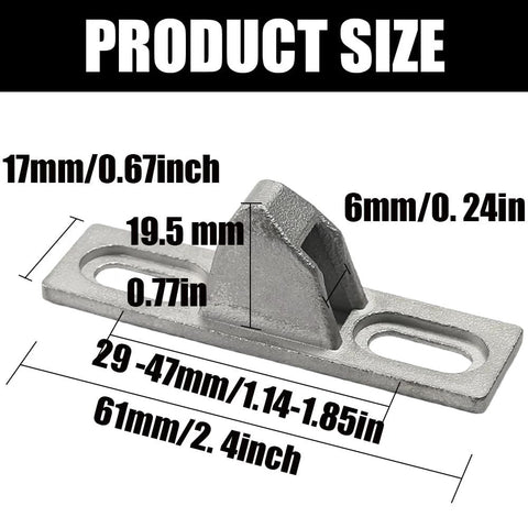 Two Pack Sliding Door Keepers For Glass Doors, Half Inch Door Lock Keepers, Zinc Alloy Construction, product size dimensions shown