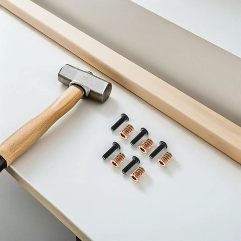 Metal Threaded Inserts Kit For Wood Furniture Assembly With Wrenches And Drill Bit Screw In Fasteners on table with hammer