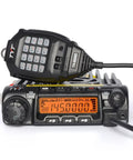 VHF 136-174 MHz Mobile Transceiver 65 Watt with 200 Alphanumeric Channels, keypad microphone, and cool blue display.