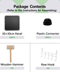 Package contents of Sturdy 16 Cube Space Saving Storage Organizer include panels, connectors, wooden hammer, and row hook.