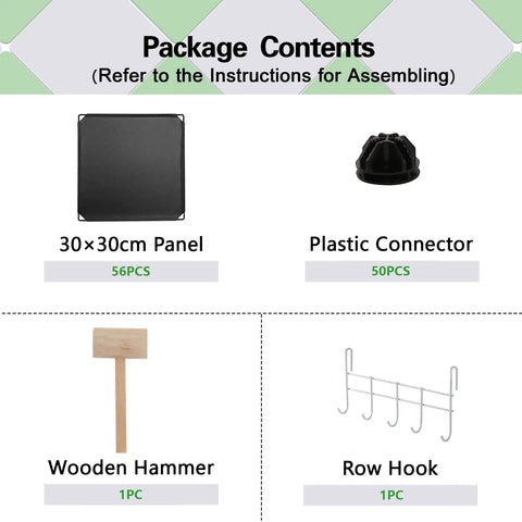 Package contents of Sturdy 16 Cube Space Saving Storage Organizer include panels, connectors, wooden hammer, and row hook.