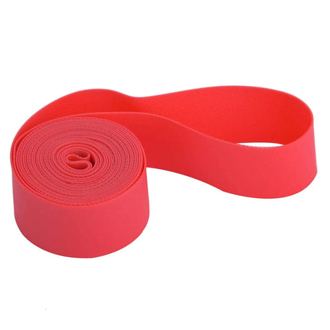 2 Pack Bicycle Tire Liner And Rim Tape Kit For 26 Inch Tires Inner Tube Protector Pad in red, rolled, lightweight and durable material.