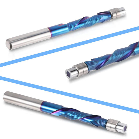 Rock Solid Compression Spiral Flush Trim Router Bit With Bottom Bearing And Quarter Inch Shank Heavy Duty Solid Carbide Cutter Coated In Nano Blue For Silky Cnc Woodwork And Metal Projects