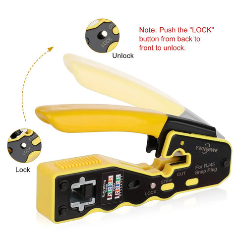 RJ45 Pass Through Ethernet Crimp Tool Kit All In One Pro Grade Set Lock Unlock features shown on yellow crimp tool