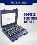 IRWIN Marples 14-piece Forstner bit set in a blue storage case; carbon steel wood drill bits for fine woodworking