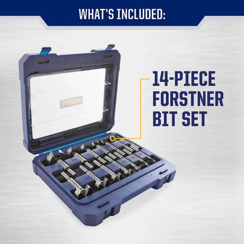 IRWIN Marples 14-piece Forstner bit set in a blue storage case; carbon steel wood drill bits for fine woodworking