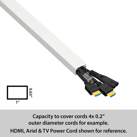 Self-Adhesive Cable Raceway For Wall Wires Keep Your Cords Tucked - Paintable Cord Cover, 1" Wide, PVC with cords inside.