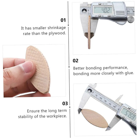 100 Pcs Wood Joining Biscuits Beech Wood Board Connection Kit for Tenon Machines and Biscuit Joiners, shown with calipers
