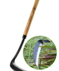 17 Inch Sickle Hoe Hand Weeder With Kama Blade High Carbon Steel One Piece Tool Hardwood Handle shown with sharp blade detail