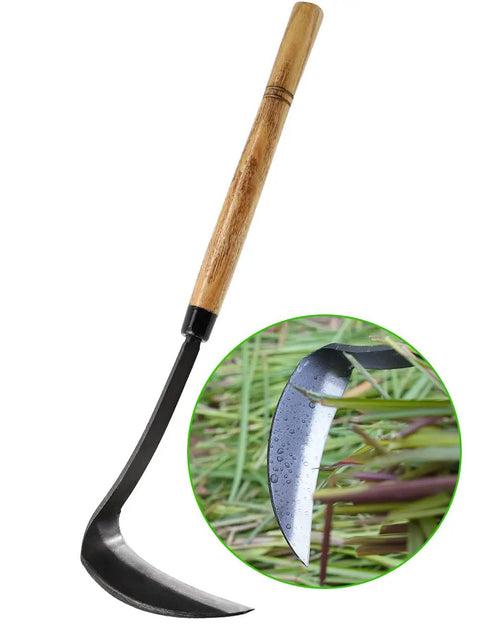17 Inch Sickle Hoe Hand Weeder With Kama Blade High Carbon Steel One Piece Tool Hardwood Handle shown with sharp blade detail