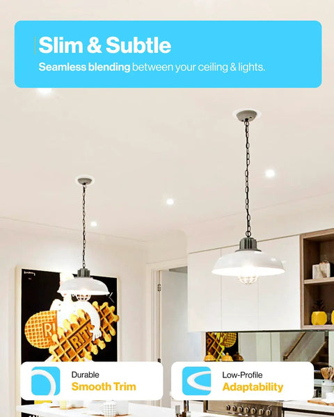 Kitchen ceiling with Six Pack Goof Ring Covers For 6 Inch Recessed Lights Flush Mount White Trim Rings 8.6 Inch Outer Diameter 6.2 Inch Inner Diameter Paintable Matte Finish Damp Rated installed.