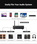 Diagram of BT30D Pro Two Point One Channel Bluetooth Subwoofer Amplifier with audio system connections and device compatibility.