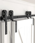 Image of Six Foot Bypass Sliding Barn Door Hardware Kit For Double Wooden Doors With Single Track In Combination Track Mode Designed For A 70 Inch Door Opening Includes 6.7 Inch Overlap Space Between Doors Ideal Rustic Home Renovation Solution.