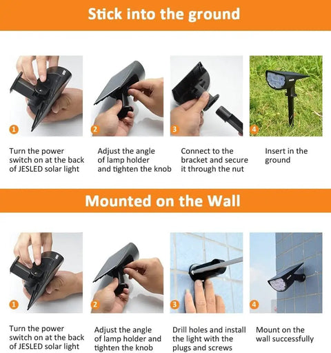 Installation steps for Outdoor Solar Spotlights 650 Lumen IP67 Waterproof Warm White 3000K with Auto On Off 8 to 15 Hours Dusk to Dawn