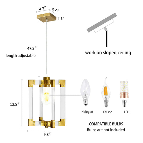 Dimensions and features of Gold Pendant Light Fixture With Brushed Brass Finish, 1 Light Modern Linear Chandelier for various rooms.