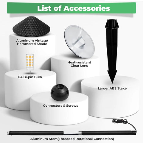Accessories for Low Voltage Outdoor LED Path Lights 12V 4W 2700K with Replaceable G4 Bulbs, including shades, lenses, stakes.