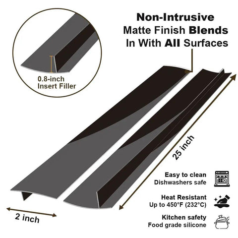 Silicone Stove Gap Cover 25 Inch Long For Between Oven And Countertop Extra Wide Gap Filler Strips Easy Clean Heat Resistant Anti Static Matte Black Fingerprint Resistant And Non Tacky with dimensions and features.
