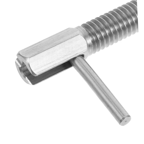 Close-up of Top Shelf Stainless Steel Retractable Spring Indexing Pin For Cabinets with threaded shaft and locking mechanism.