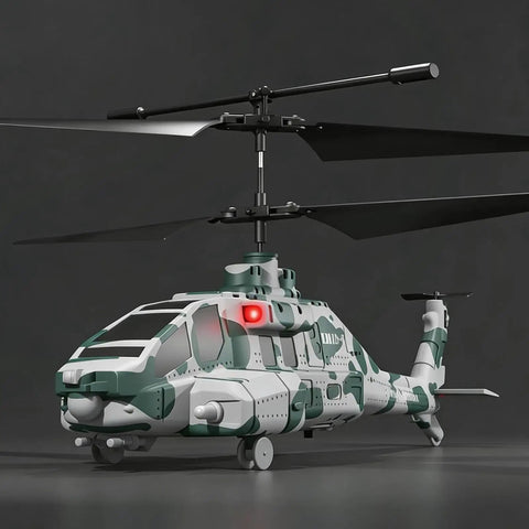 Camouflage RC Helicopter With Military Look, 2.4G 3.5CH, on a dark background, red light glowing.