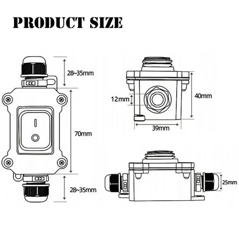 Waterproof Inline Cord Switch With Red Light Rocker Button DPST On Off Toggle Switch For Outdoor Use 20A 125V And 16A 250V Heavy Duty Start Stop Power Switch With Dual Entry And Exit Lines, product size diagram