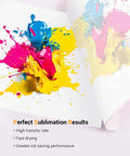 Color splashes on sublimation paper showing 100 Sheets Sublimation Paper For Tees And Mugs And DIY Heat Transfers With White Print Side 8.3 By 11.7 Inches Compatible With Epson HP Canon And Sawgrass Inkjet Printers Sublimation Ink Required.