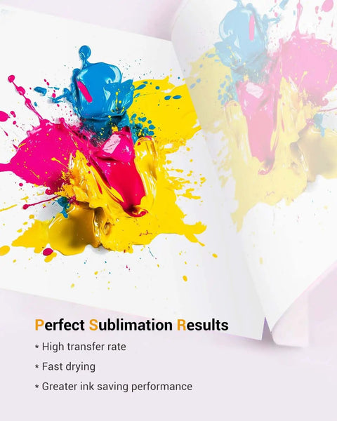 Color splashes on sublimation paper showing 100 Sheets Sublimation Paper For Tees And Mugs And DIY Heat Transfers With White Print Side 8.3 By 11.7 Inches Compatible With Epson HP Canon And Sawgrass Inkjet Printers Sublimation Ink Required.