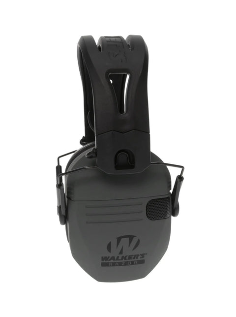 Razor Tacti-Grip Slim Electronic Hearing Muffs 23dB NRR, gray, non-slip headband, designed for hunting and shooting use.