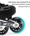Close-up of black inline skate with 60mm wheels, featuring high elastic PU material and ABEC-7 bearings for indoor use.
