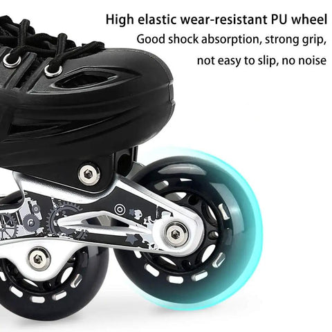 Close-up of black inline skate with 60mm wheels, featuring high elastic PU material and ABEC-7 bearings for indoor use.
