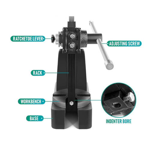 Hella Durable 1 Ton Manual Arbor Press focus on base, adjusting screw, and ratcheted lever for precision stamping tasks.